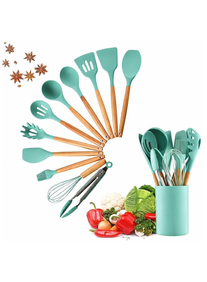 BIG CLICK 12 Pcs Silicone Cooking Utensil Kitchen Set with Organizer Cup Holder, Kitchen Utensils Set with Wood Handles for Nonstick Cookware Set, Great Kitchen Tools - Image 1